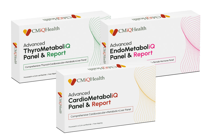 CMiQHealth test kit boxes for multiple panels displayed together